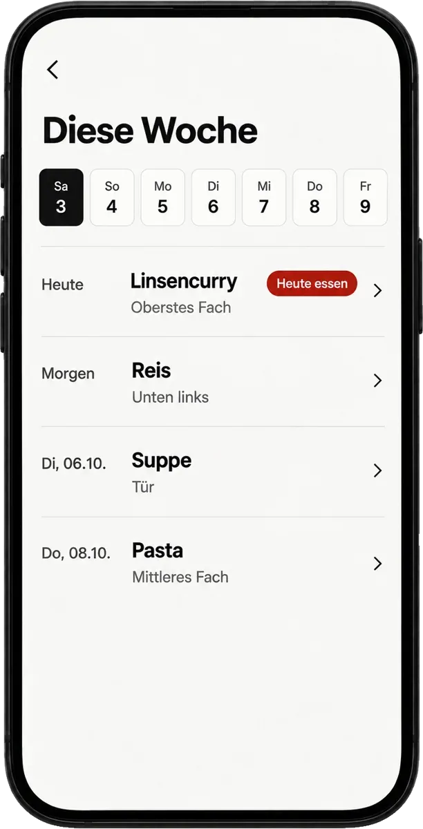 App-Screen «Diese Woche» mit einer Liste, was zuerst gegessen werden muss