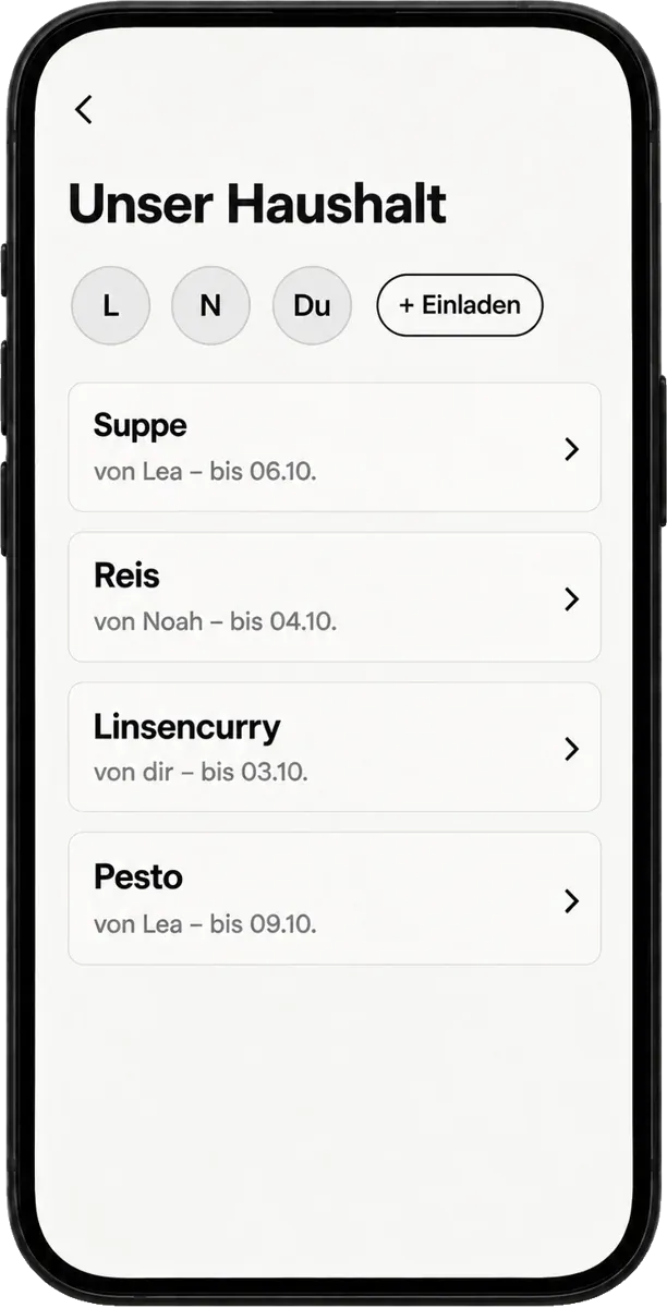 App-Screen «Unser Haushalt» mit drei Personen und gemeinsamer Liste
