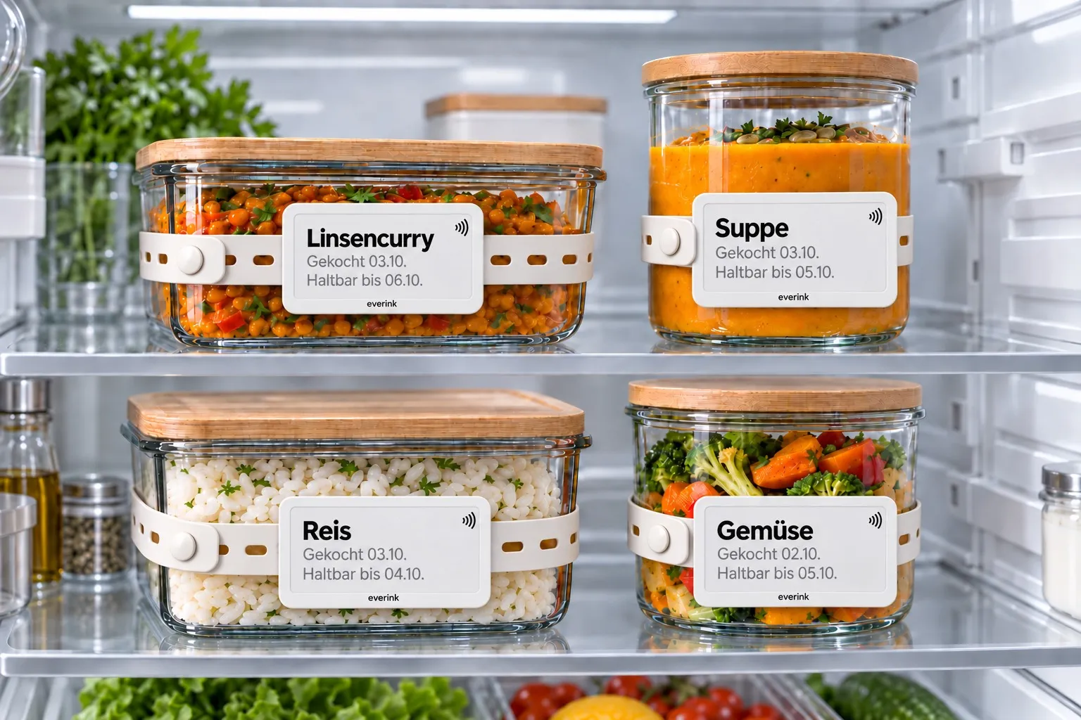 Kühlschrankfach mit vier beschrifteten Glasboxen: Linsencurry, Suppe, Reis und Gemüse